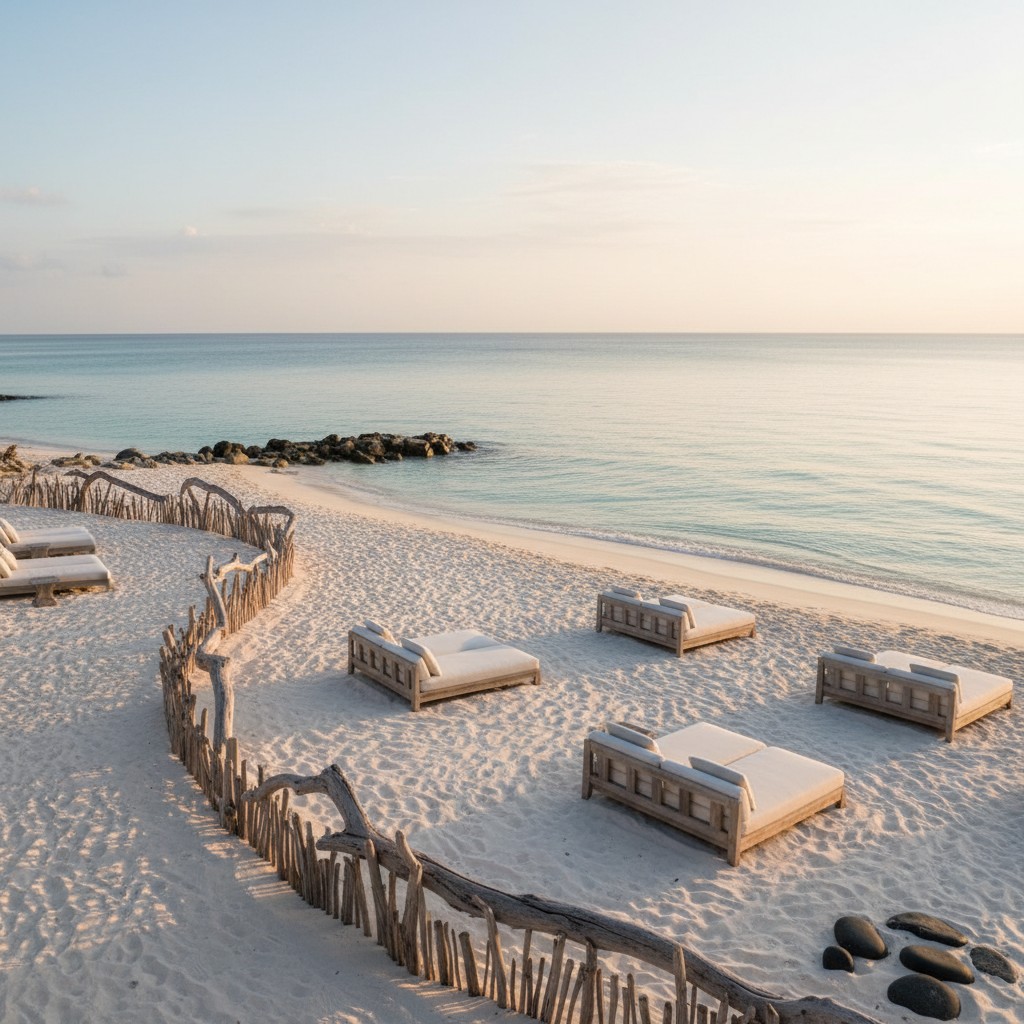 5 sun loungers on the sand in a beach with a curved wooden fence. Sea and rocks to the left. The sky on the horizon is lig...