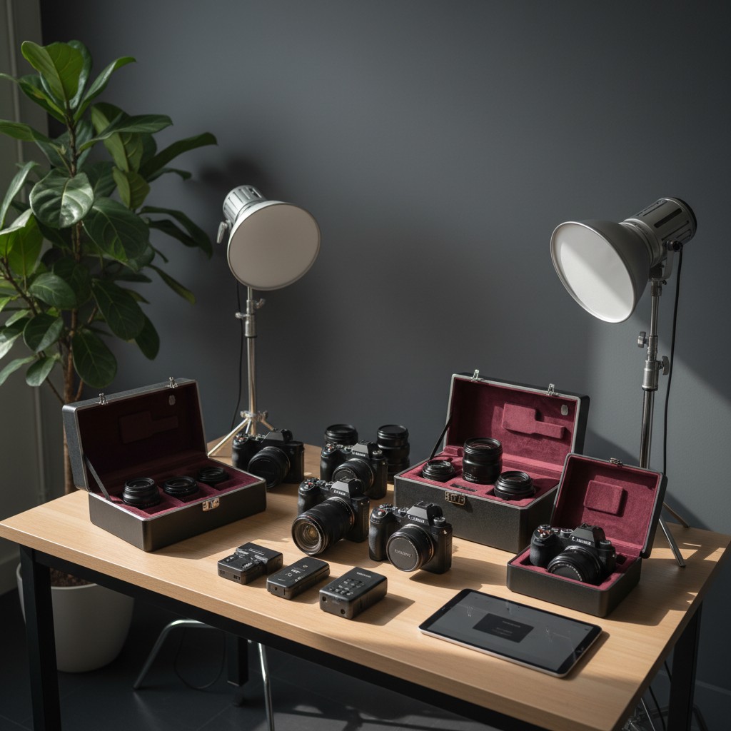 A collection of cameras and accessories arranged on a desk, with a plant in the background, showcasing photography gear in...